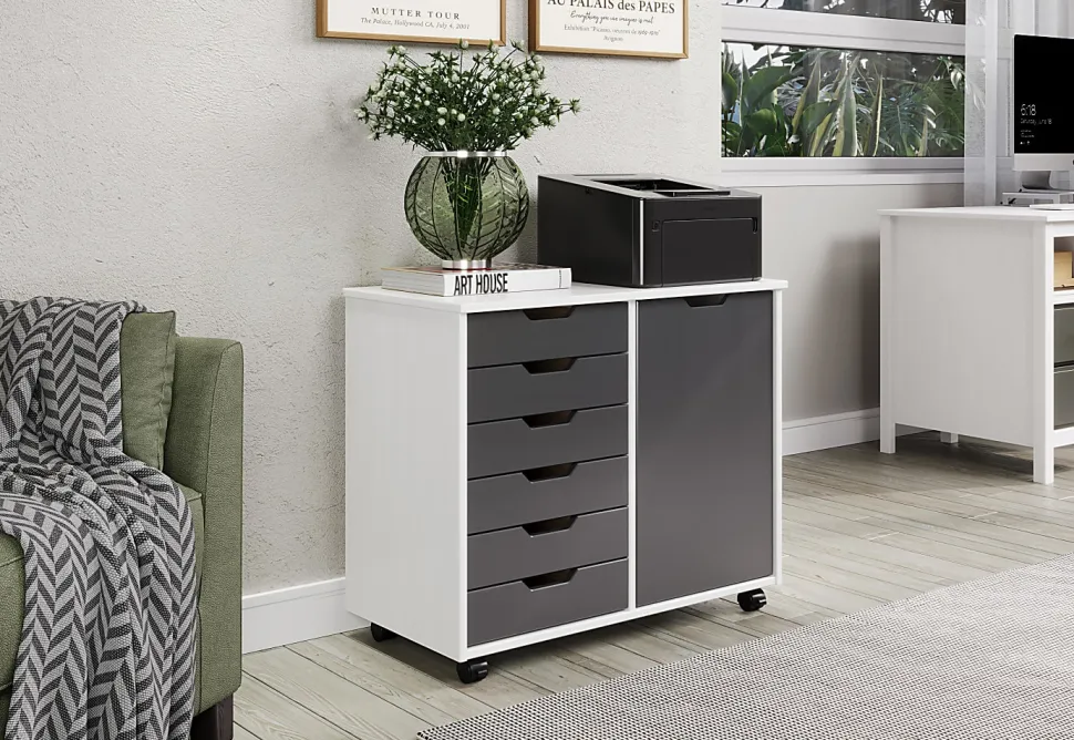 Trendfurn Omnia 1-Door Roll Cart, 6 Drawers, 25-3/4” x 31-1/3”, White/Gray
