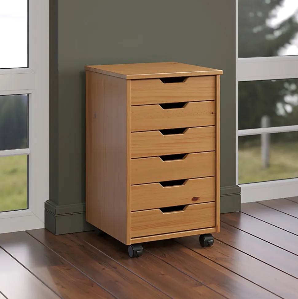 Trendfurn Omnia Wide Roll Cart, 6 Drawers, 25-3/4” x 16-1/8”, Honey