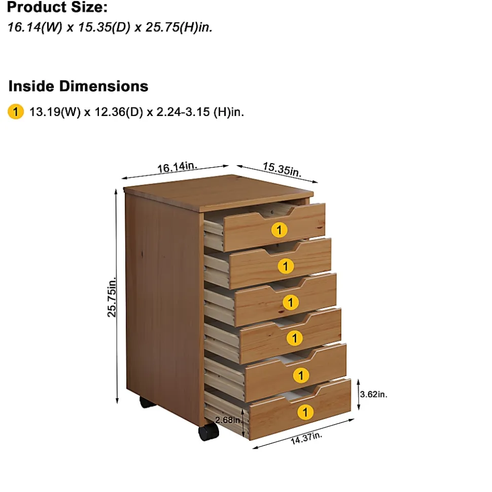 Trendfurn Omnia Wide Roll Cart, 6 Drawers, 25-3/4” x 16-1/8”, Honey