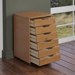 Trendfurn Omnia Wide Roll Cart, 6 Drawers, 25-3/4” x 16-1/8”, Honey