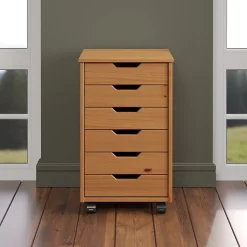 Trendfurn Omnia Wide Roll Cart, 6 Drawers, 25-3/4” x 16-1/8”, Honey