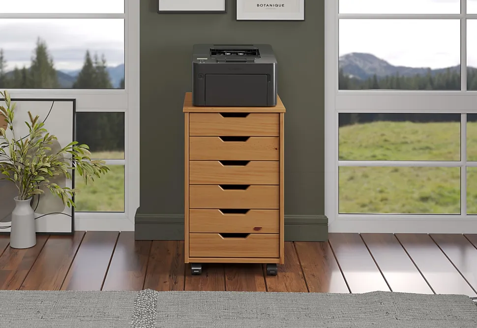 Trendfurn Omnia Wide Roll Cart, 6 Drawers, 25-3/4” x 16-1/8”, Honey