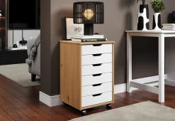 Trendfurn Omnia Wide Roll Cart, 6 Drawers, 25-3/4” x 16-1/8”, White/Honey