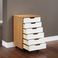 Trendfurn Omnia Wide Roll Cart, 6 Drawers, 25-3/4” x 16-1/8”, White/Honey