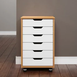 Trendfurn Omnia Wide Roll Cart, 6 Drawers, 25-3/4” x 16-1/8”, White/Honey