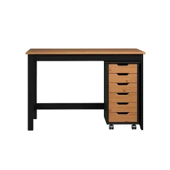 Trendfurn Streamline Office Set, Desk And 6 Drawer Mobile Cart, Black/Honey, Set Of 2