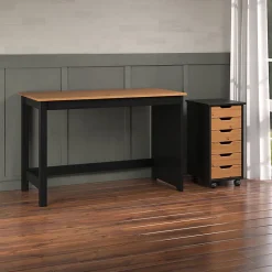 Trendfurn Streamline Office Set, Desk And 6 Drawer Mobile Cart, Black/Honey, Set Of 2
