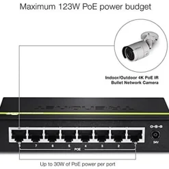 TRENDnet 8-Port Gigabit PoE+ Switch, TPE-TG80G, 8x Gigabit PoE+ Ports, 123W PoE Power Budget, 16 Gbps, Ethernet Splitter