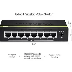 TRENDnet 8-Port Gigabit PoE+ Switch, TPE-TG80G, 8x Gigabit PoE+ Ports, 123W PoE Power Budget, 16 Gbps, Ethernet Splitter