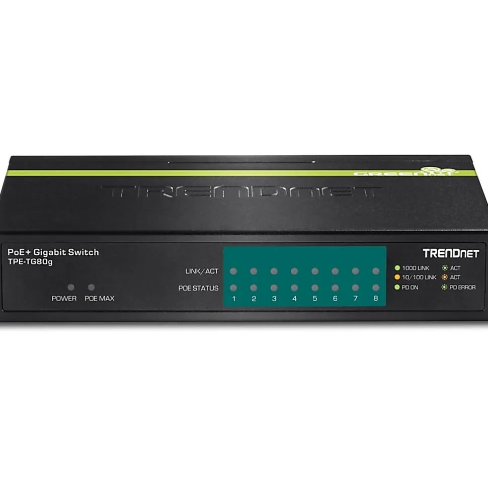 TRENDnet 8-Port Gigabit PoE+ Switch, TPE-TG80G, 8x Gigabit PoE+ Ports, 123W PoE Power Budget, 16 Gbps, Ethernet Splitter