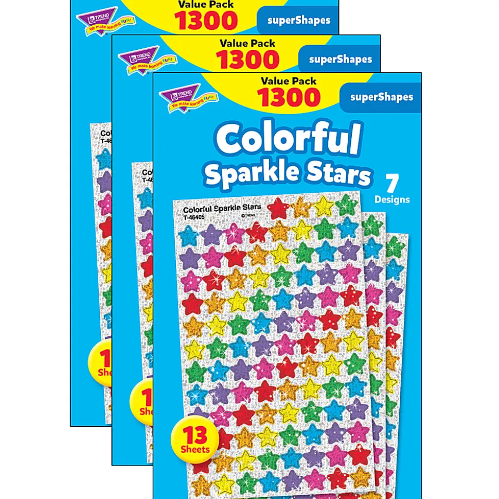 Trend superShapes Stickers, Colorful Sparkle Stars, 1,300 Stickers Per Pack, Set Of 3 Packs