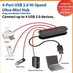 Tripp Lite by Eaton 4-Port USB 2.0 Hi-Speed Ultra-Mini Hub w/ Cable Compact Mobile - USB - 4 USB Port(s) - 4 USB 2.0 Port(s)