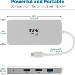 Tripp Lite USB C Docking Station w/ USB-A Hub, 2x HDMI, VGA, PD Charging 1080p @ 60 Hz, Silver USB Type C, US - U442DOCK12S