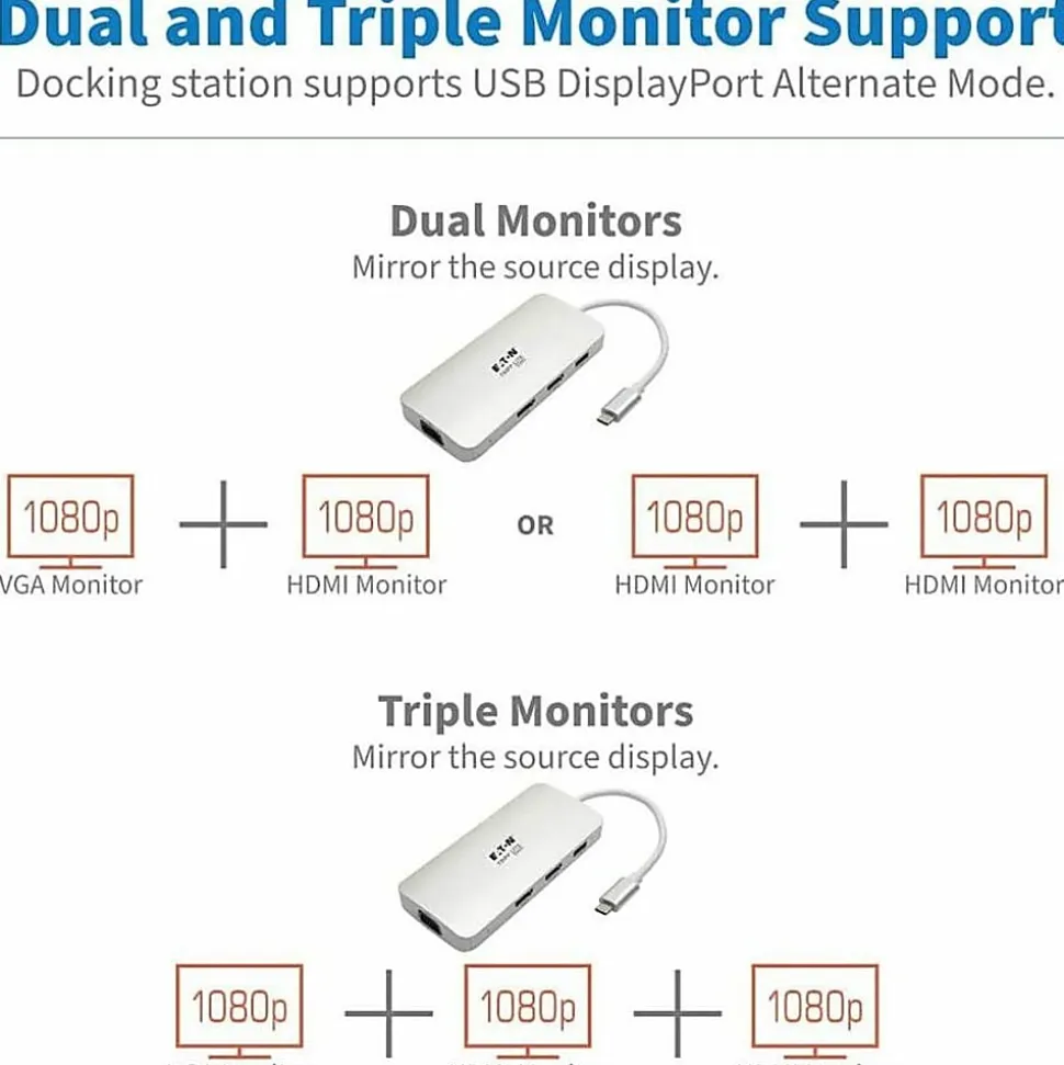 Tripp Lite USB C Docking Station w/ USB-A Hub, 2x HDMI, VGA, PD Charging 1080p @ 60 Hz, Silver USB Type C, US - U442DOCK12S