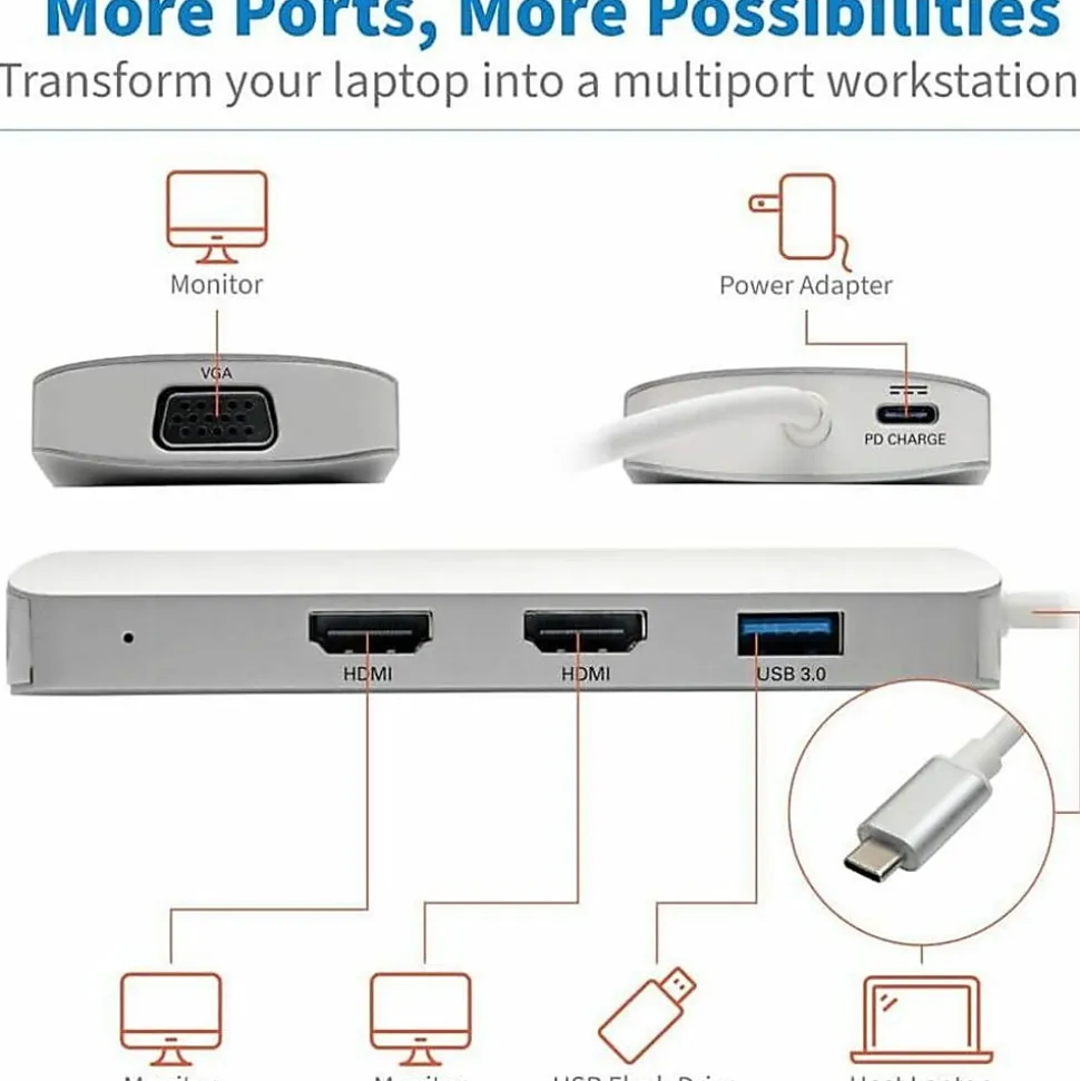 Tripp Lite USB C Docking Station w/ USB-A Hub, 2x HDMI, VGA, PD Charging 1080p @ 60 Hz, Silver USB Type C, US - U442DOCK12S
