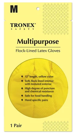 Tronex Multipurpose Flock-Lined Latex Gloves, Medium, Yellow, 24 Per Pack, Case Of 12 Packs