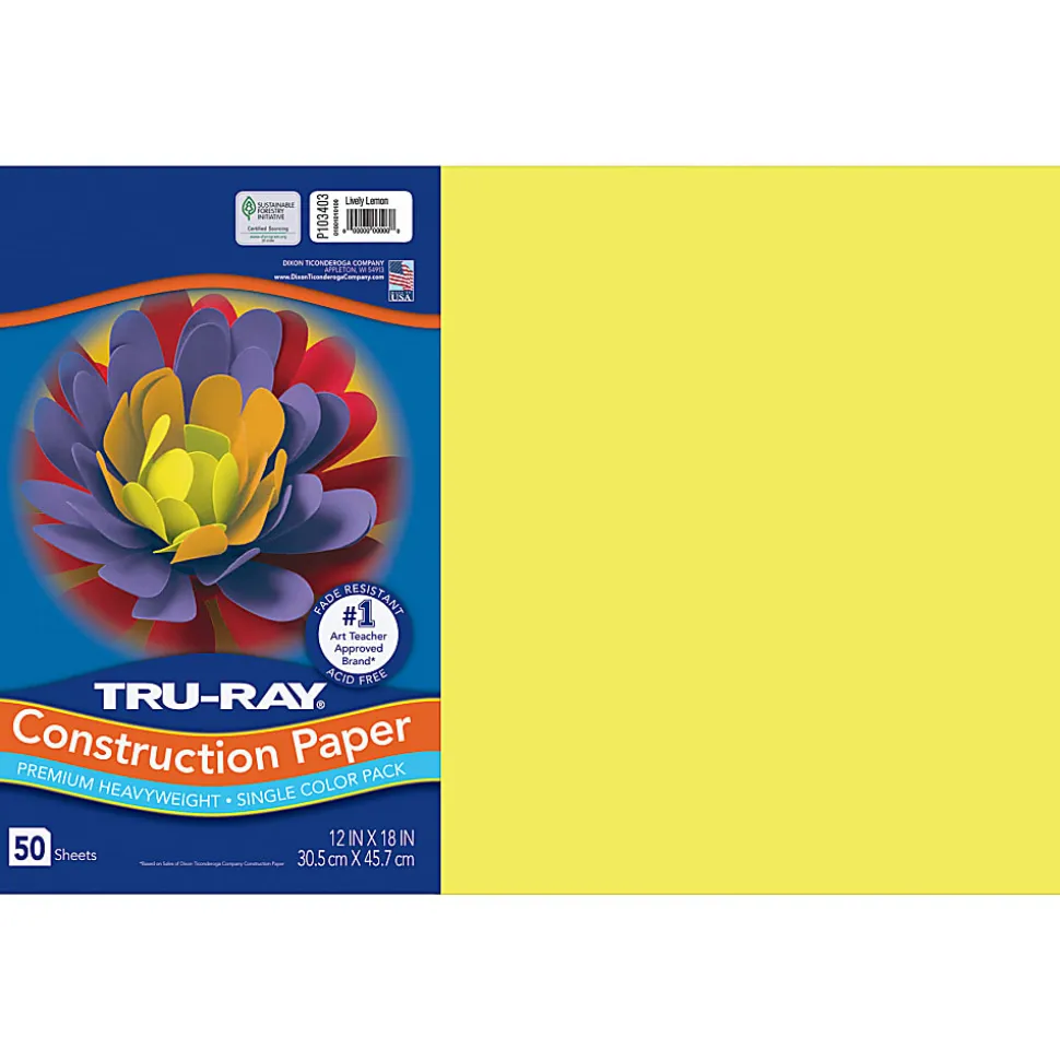 Tru-Ray Construction Paper, Heavyweight, 12" x 18", Lively Lemon, 50 Sheets Per Pack, Set Of 3 Packs