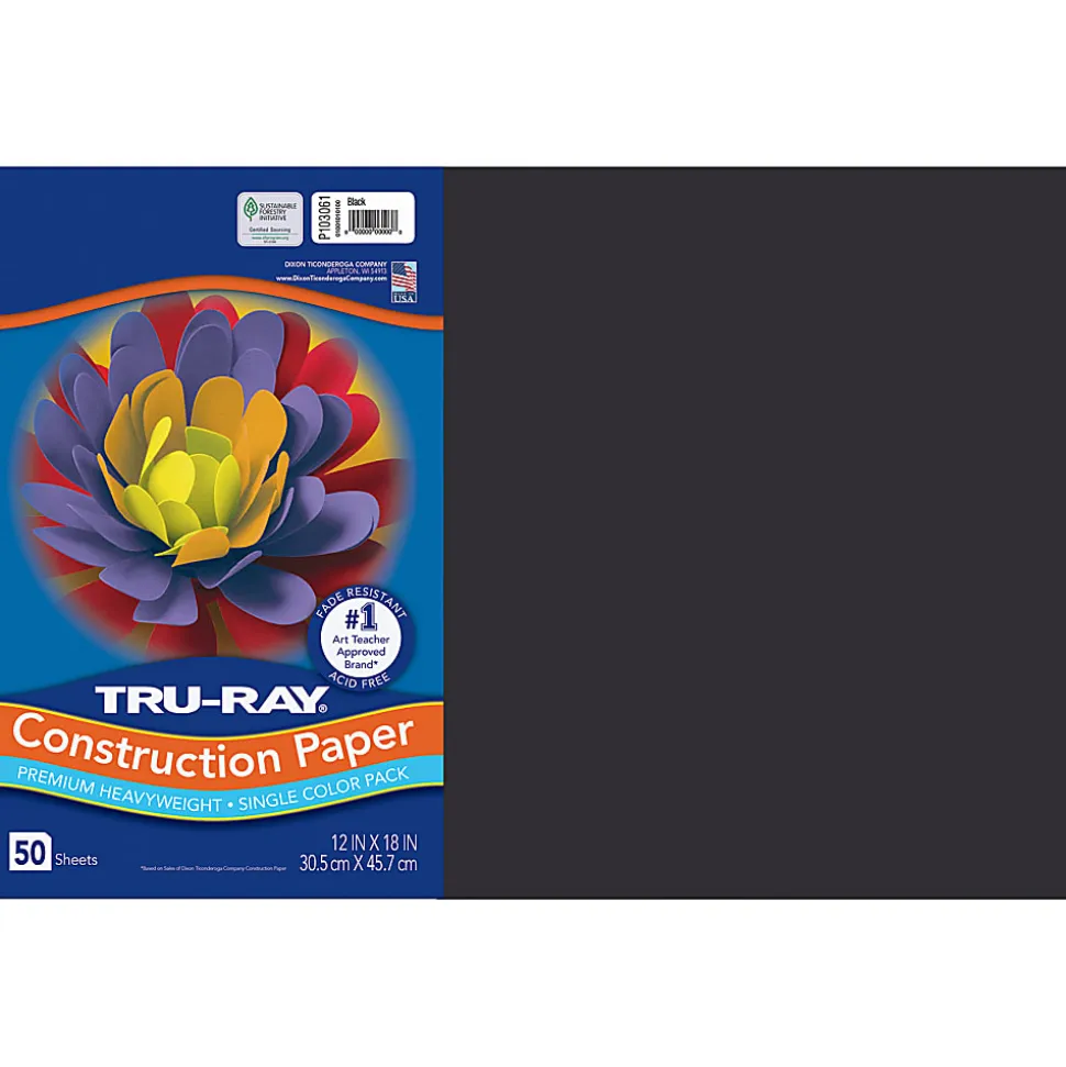 Tru-Ray Construction Paper, Heavyweight, 12" x 18", Black, 50 Sheets Per Pack, Set Of 5 Packs