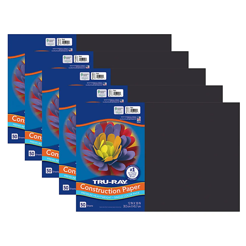 Tru-Ray Construction Paper, Heavyweight, 12" x 18", Black, 50 Sheets Per Pack, Set Of 5 Packs