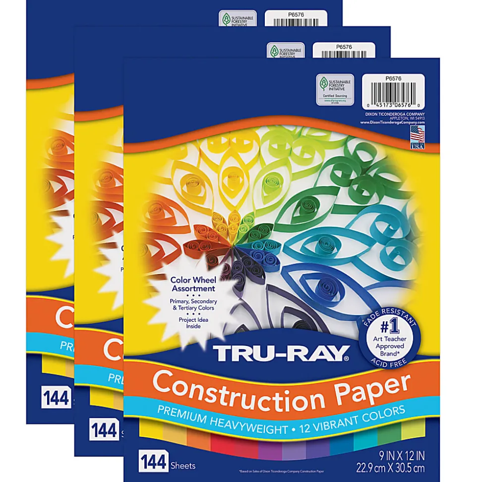 Tru-Ray Construction Paper, Heavyweight, 9" x 12", Color Wheel Assortment, 12 Vibrant Colors, 144 Sheets Per Pack, Set Of 3 Packs