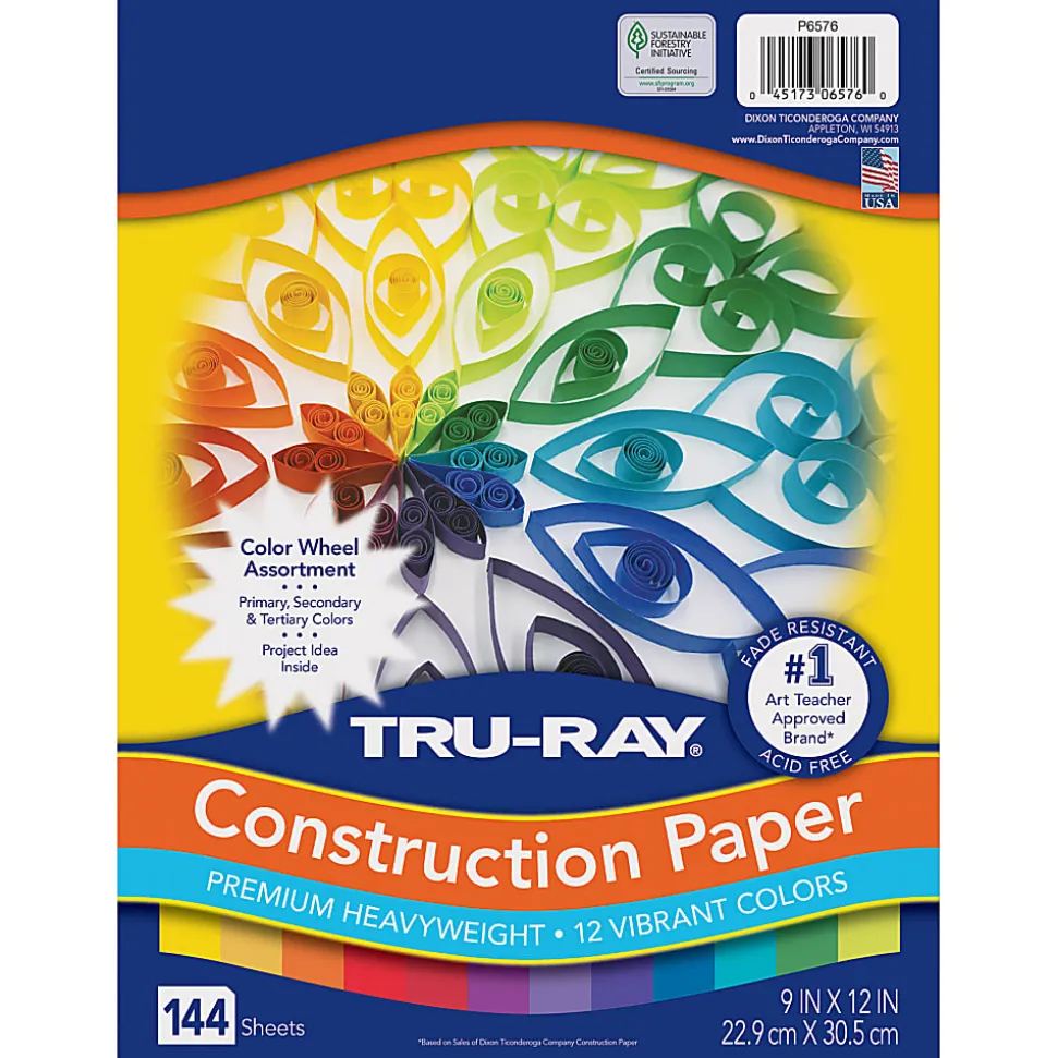 Tru-Ray Construction Paper, Heavyweight, 9" x 12", Color Wheel Assortment, 12 Vibrant Colors, 144 Sheets Per Pack, Set Of 3 Packs