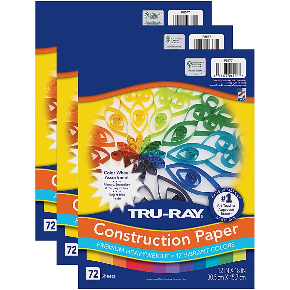 Tru-Ray Construction Paper, Heavyweight, 12" x 18", Color Wheel Assortment, 12 Vibrant Colors, 72 Sheets Per Pack, Set Of 3 Packs