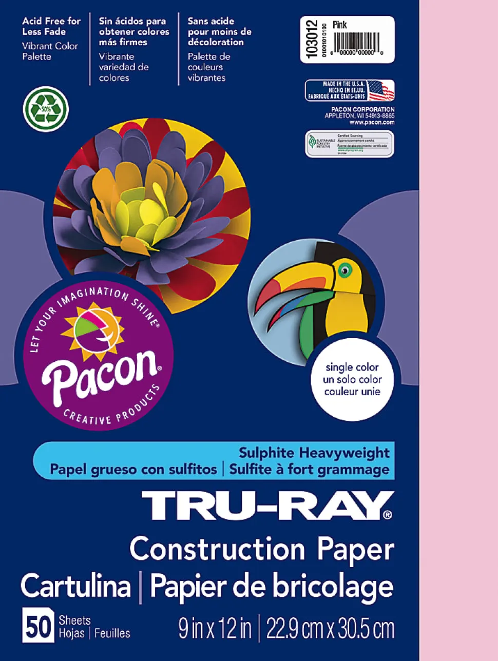 Tru-Ray® Construction Paper, 50% Recycled, 9" x 12", Pink, Pack Of 50