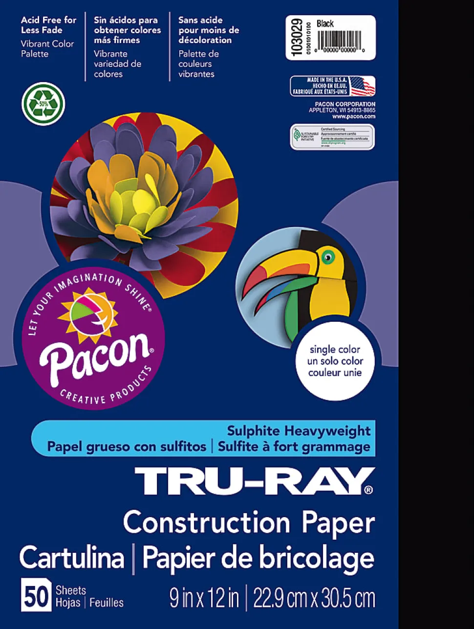 Tru-Ray® Construction Paper, 50% Recycled, 9" x 12", Black, Pack Of 50