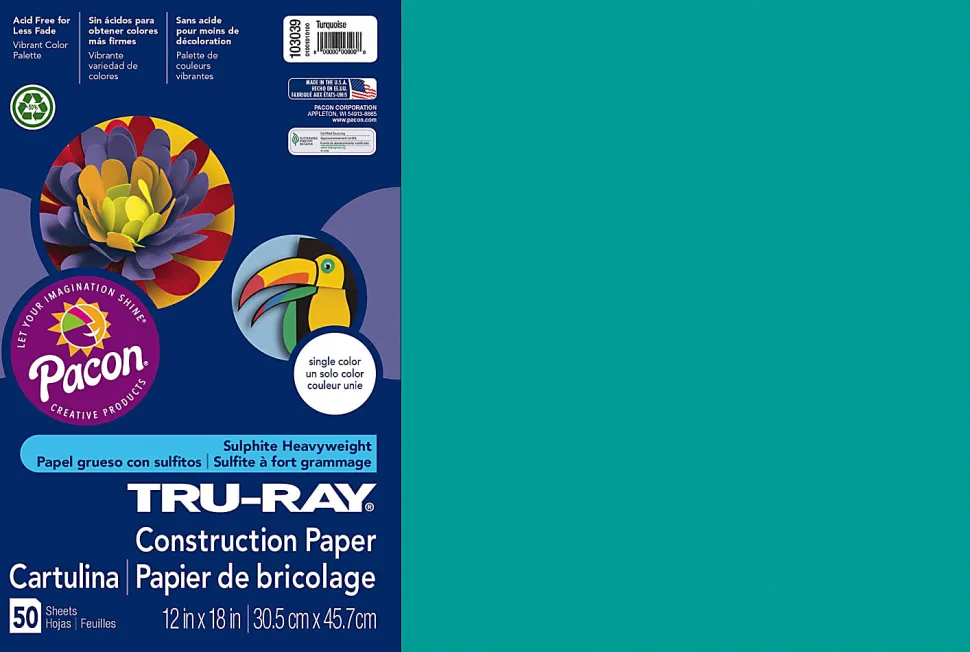 Tru-Ray® Construction Paper, 50% Recycled, 12" x 18", Turquoise, Pack Of 50