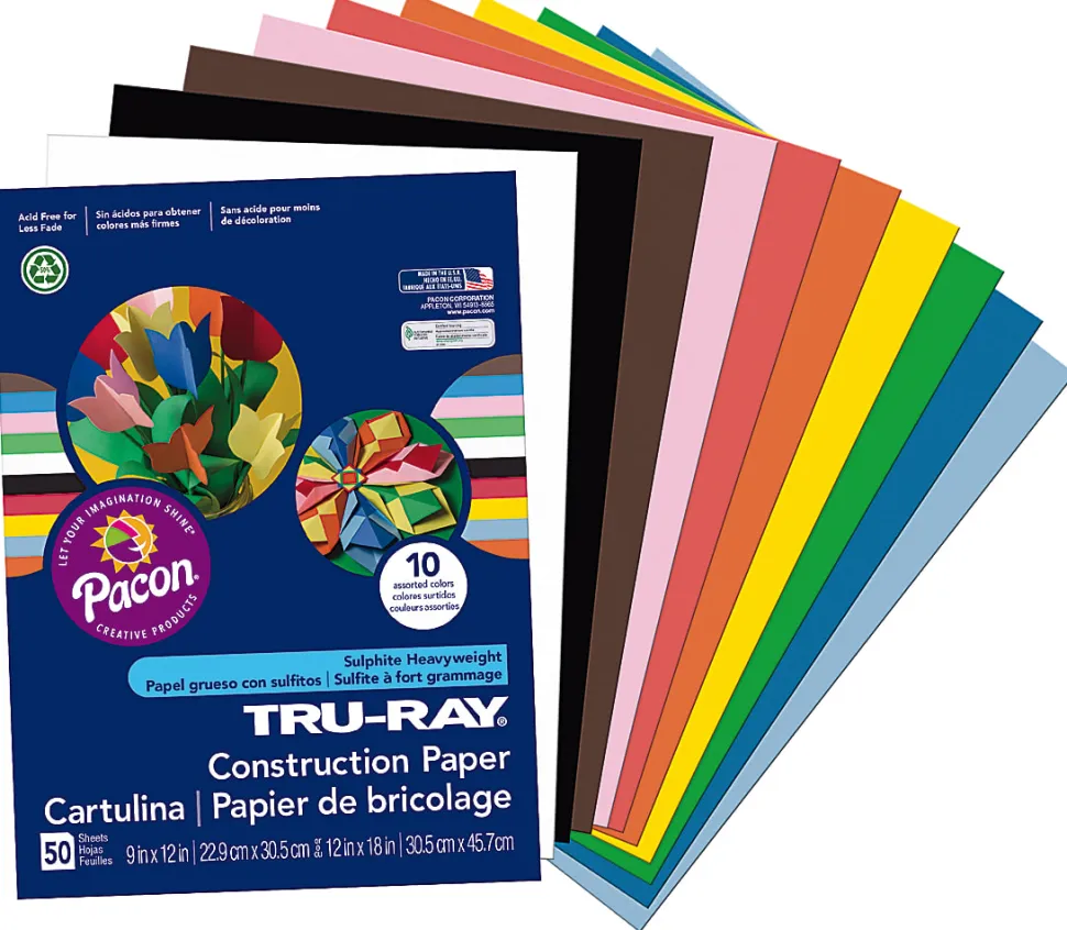 Tru-Ray® Construction Paper, 50% Recycled, Assorted Colors, 9" x 12", Pack Of 50