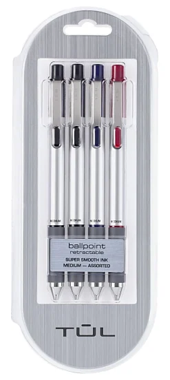 TULĀ® BP Series Retractable Ballpoint Pens, Medium Point, 1.0 mm, Silver Barrel, Assorted Inks, Pack Of 4 Pens