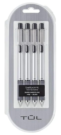 TULĀ® BP Series Retractable Ballpoint Pens, Fine Point, 0.8 mm, Silver Barrel, Black Ink, Pack Of 4 Pens