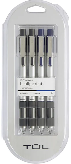 TUL® BP Series Retractable Ballpoint Pens, Medium Point, 1.0 mm, Silver Barrels, Assorted Inks, Pack Of 4 Pens