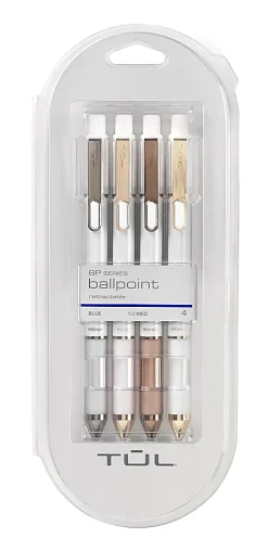TUL® BP Series Retractable Ballpoint Pens, Mixed Metals, Medium Point, 1.0 mm, Black Barrel, Black Ink, Pack Of 4 Pens