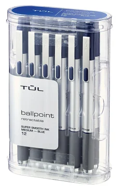 TUL® BP Series Retractable Ballpoint Pens, Medium Point, 1.0 mm, Silver Barrel, Blue Ink, Pack Of 12 Pens