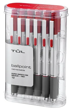 TULĀ® BP Series Retractable Ballpoint Pens, Medium Point, 1.0 mm, Silver Barrel, Red Ink, Pack Of 12 Pens