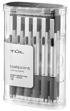 TULĀ® BP Series Retractable Ballpoint Pens, Fine Point, 0.8 mm, Silver Barrel, Black Ink, Pack Of 12 Pens