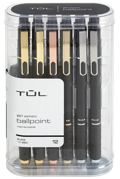 TUL® BP Series Retractable Ballpoint Pens, Medium Point, 1.0 mm, Black Barrel, Black Ink, Pack Of 12 Pens