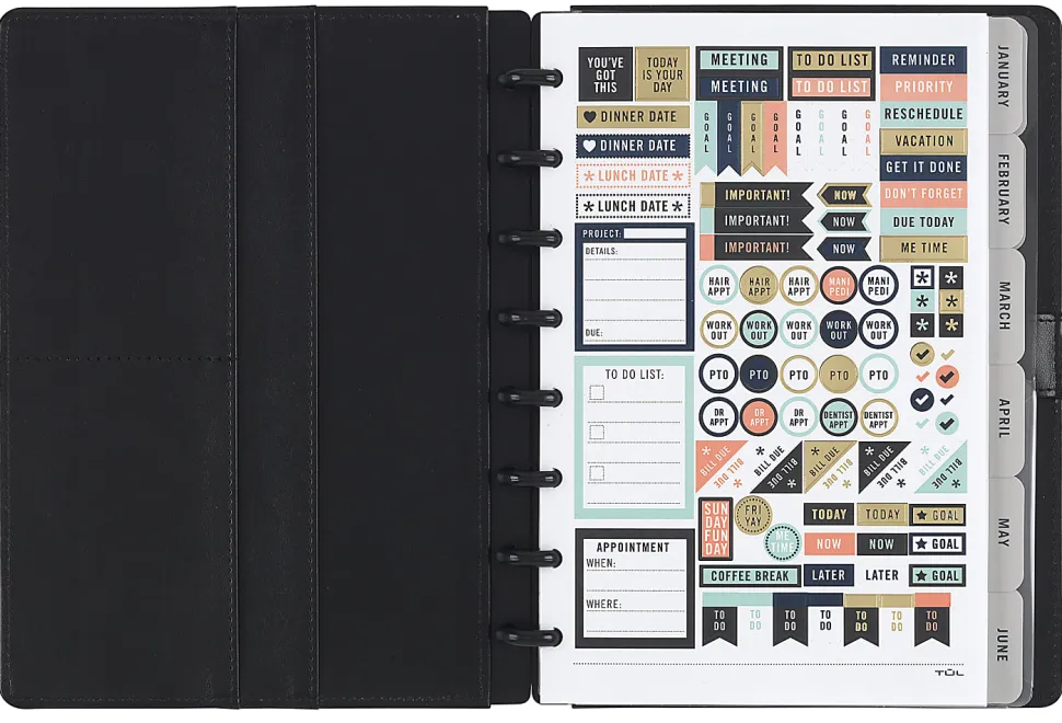 TUL® Discbound Monthly Planner Starter Set, Undated, Junior Size, Leather Cover, Black