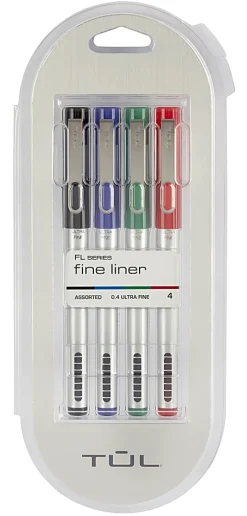 TUL® Fineliner Felt-Tip Pens, Ultra-Fine, 0.4 mm, Silver Barrel, Assorted Ink Colors, Pack Of 4 Pens