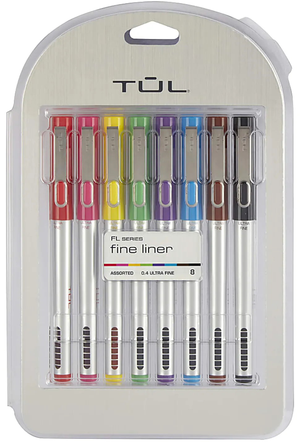 TUL® Fineliner Felt-Tip Pens, Ultra-Fine, 0.4 mm, Silver Barrel, Assorted Ink Colors, Pack Of 8 Pens