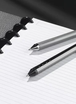TUL® Fine Writing Solid Metal Barrel Retractable Ballpoint Pen With 2 Refills, Medium Point, 1.0 mm, Brushed Silver Barrel, Black & Blue Inks