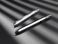 TUL® Fine Writing Solid Metal Barrel Retractable Ballpoint Pen With 2 Refills, Medium Point, 1.0 mm, Brushed Silver Barrel, Black & Blue Inks