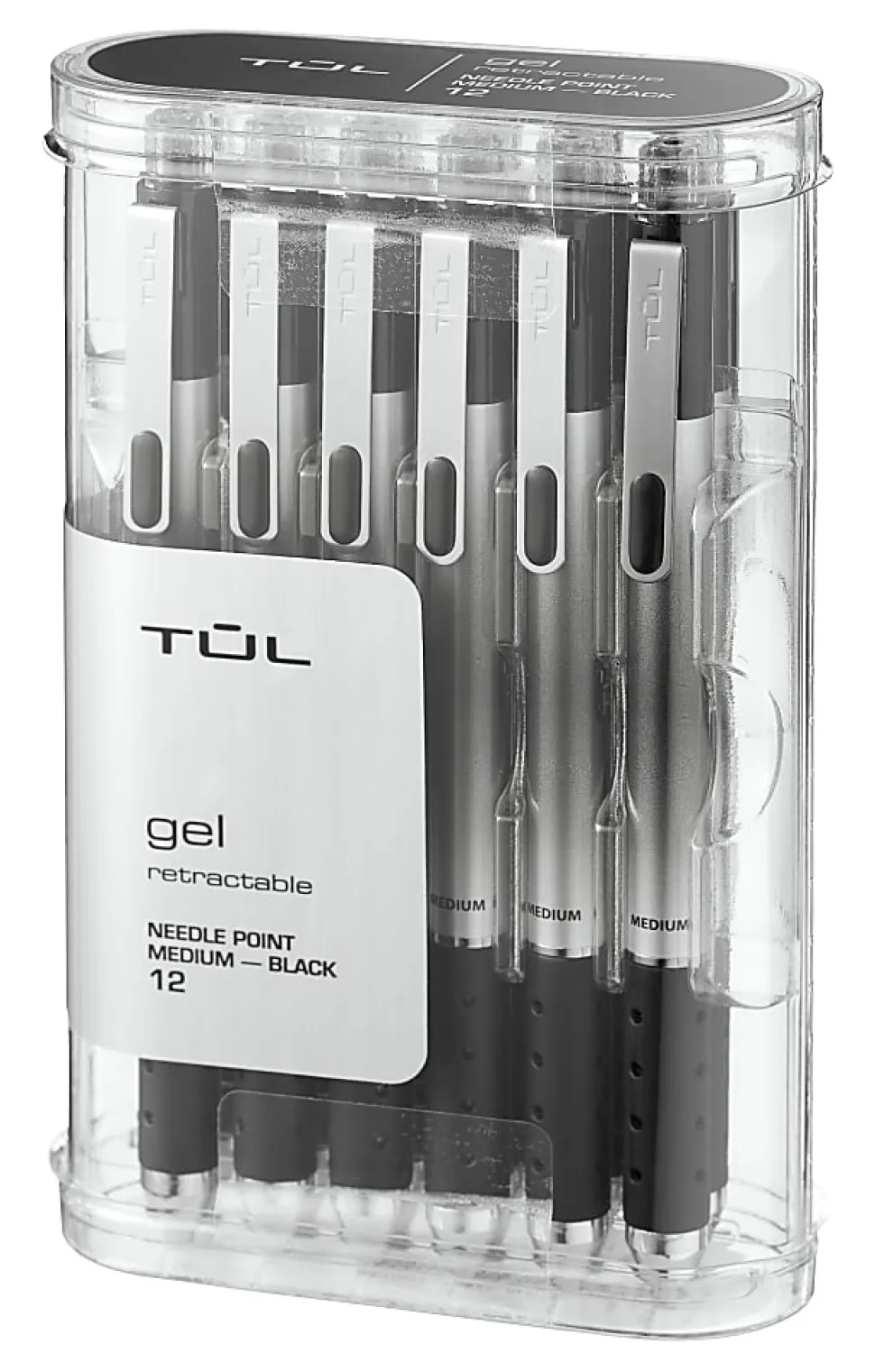 TUL® GL Series Retractable Gel Pens, Needle Point, 0.7 mm, Silver Barrel, Black Ink, Pack Of 12 Pens