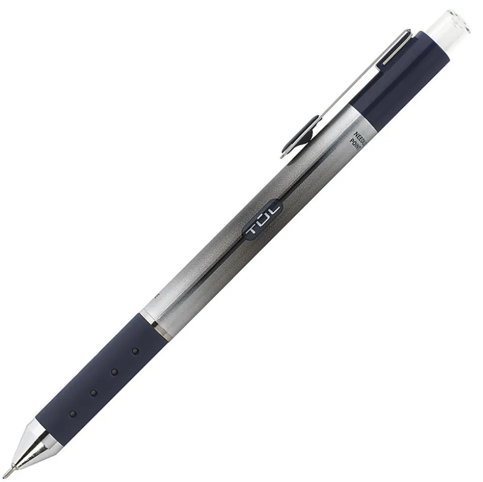 TUL® GL Series Retractable Gel Pens, Needle Point, 0.7 mm, Silver Barrel, Blue Ink, Pack Of 12 Pens