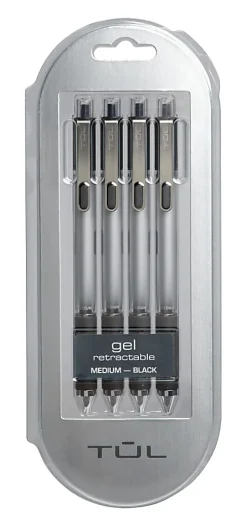 TUL® GL Series Retractable Gel Pens, Medium Point, 0.7 mm, Silver Barrel, Black Ink, Pack Of 4 Pens