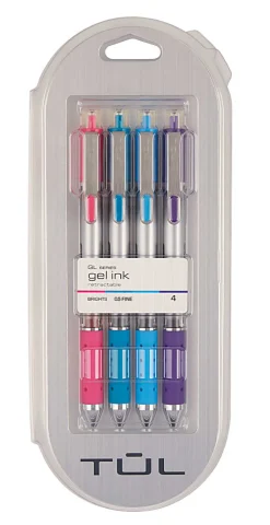 TUL® GL Series Retractable Gel Pens, Fine Point, 0.5 mm, Silver Barrel, Assorted Inks, Pack Of 4 Pens