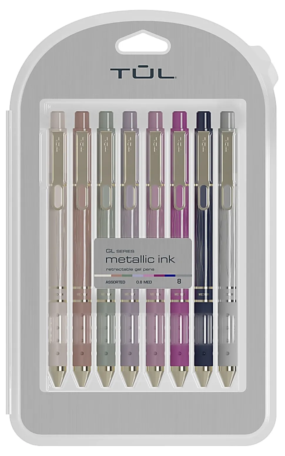 TUL® GL Series Retractable Gel Pens, Medium Point, 0.8 mm, Assorted Barrel Colors With Gold Lines, Assorted Metallic Ink, Pack Of 8 Pens