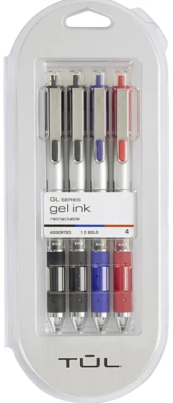 TUL® GL Series Retractable Gel Pens, Bold Point, 1.0 mm, Silver Barrel, Assorted Inks, Pack Of 4 Pens