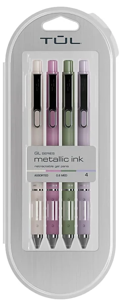 TULĀ® GL Series Retractable Gel Pens, Medium Point, 0.8 mm, Assorted Gunmetal Barrel Colors, Assorted Metallic Ink, Pack Of 4 Pens